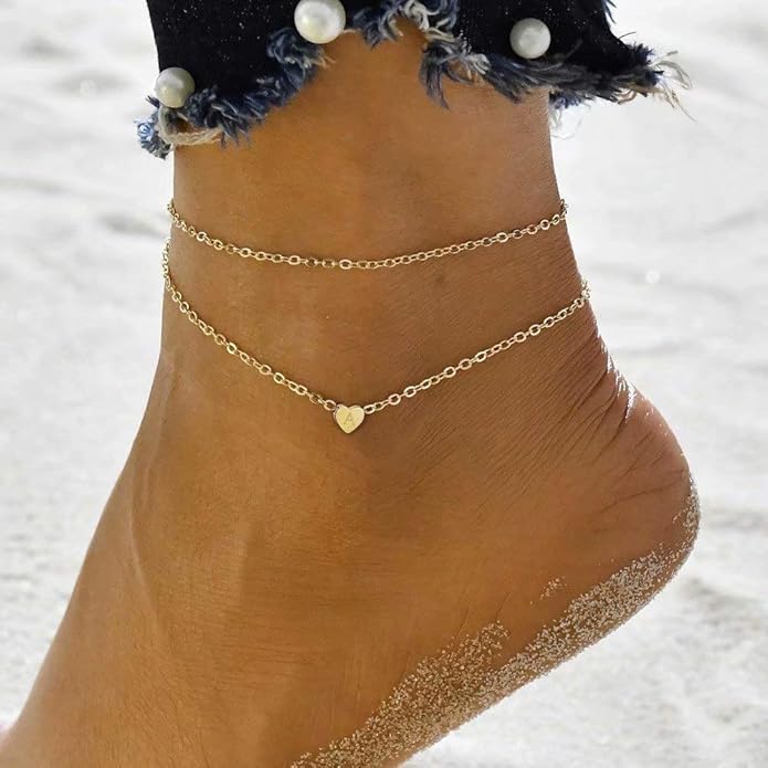 Turandoss Heart Initial Ankle Bracelets for Women, 14K Gold Filled Handmade Dainty Layered Anklet Letter Initial Heart Ankle Bracelets for Women Beach Jewelry Gifts