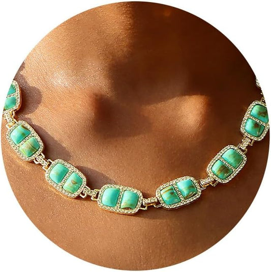 Chunky Necklace for Women 12 Colors Diamond Stone Gold Statement Necklace for Women Full Trendy Blue Birthstone Choker Necklace for Women Square Design Necklace Jewelry