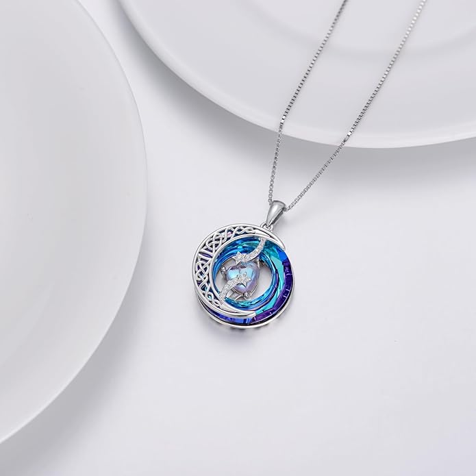 TOUPOP Christmas Gifts Birthstone Necklace 925 Sterling Silver Moon and Star Pendant with Blue Crystal Celtic Moon Jewelry Birthday Gifts for Women Mom Wife Her Daughter