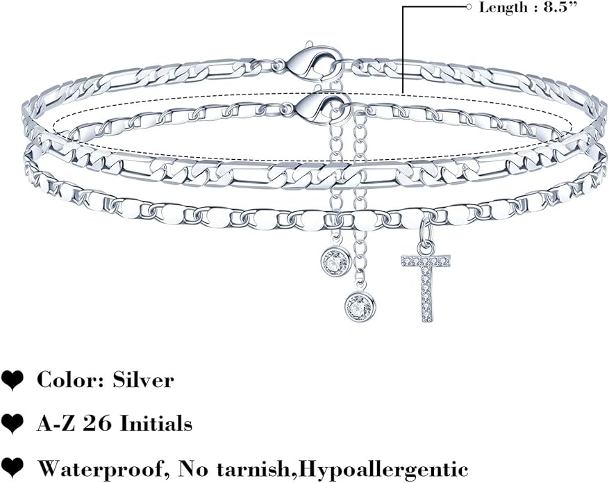 Ursteel Ankle Bracelets for Women, 14K-Gold-Plated Dainty Layered Chain CZ Initial Anklets Set Summer Jewelry Gifts for Women