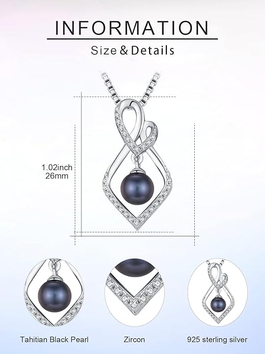 Tahitian Black Pearl 18K White Gold Plated Sterling Silver Heart/Infinity/Four Leaf Clover Pendant Necklace Jewelry Gifts for Women Wife Mom Girlfriend Wedding Birthday Anniversary Christmas
