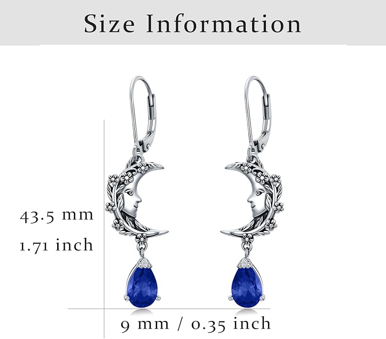 925 Sterling Silver Vintage Retro Oxidized Moon Crescent Dangle Drop Leverback Earrings with 12 Months Birthstone Jewelry Gifts for Women Her