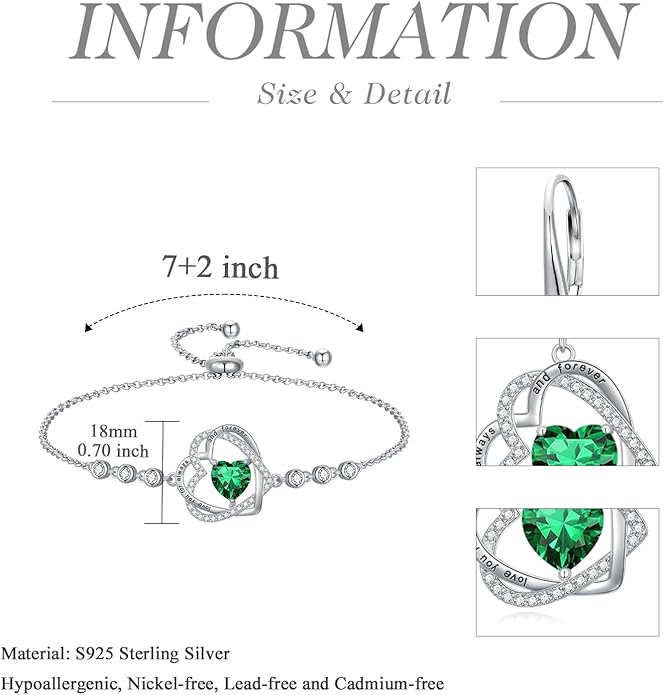 TOUPOP Heart Birthstone Bracelet 925 Sterling Silver Double Heart Bracelet Love You for Always and Forever Jewelry Anniversary Birthday Christmas Gifts for Women Wife Her