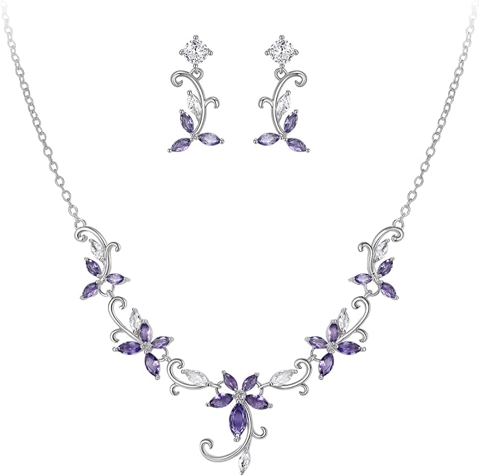 Crysdue Flower Leaf Wedding Jewelry Set for Bridal Bridemaid, Cubic Zirconia Teardrop Elegant Silver/14K/Rose Gold Plated Vine Necklace Dangle Earrings for Prom Party