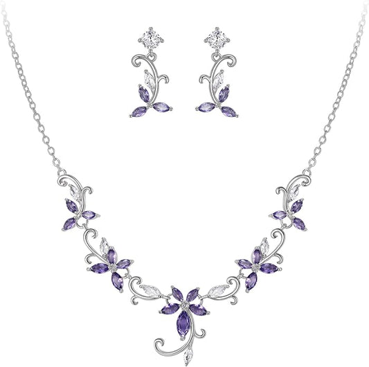 Crysdue Flower Leaf Wedding Jewelry Set for Bridal Bridemaid, Cubic Zirconia Teardrop Elegant Silver/14K/Rose Gold Plated Vine Necklace Dangle Earrings for Prom Party