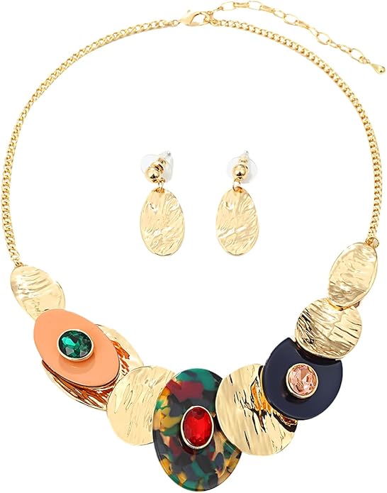 Chunky Statement Jewelry Set Vintage Retro Leaf Flower Floral Geometric Bohemian Boho Bib Necklace Earring Set Fashion Costume Jewelry for Women Girls Wedding Party Prom Unique Gift