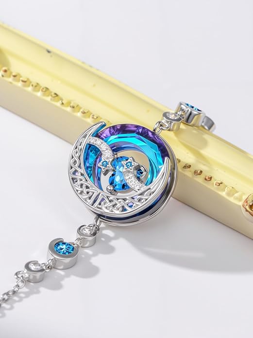 TOUPOP Birthstone Bracelet Moon and Star Bracelet 925 Sterling Silver Blue Crystal Jewelry Birthday Christmas Gifts for Women