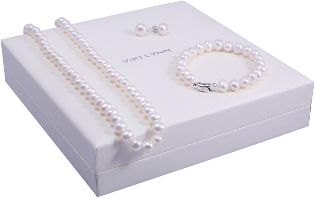 VIKI LYNN Freshwater Cultured Pearl Necklace Set Includes Stunning Bracelet and Stud Earrings Jewelry for Women Gift for Mother's Day, Anniversary, Birthday, Wedding