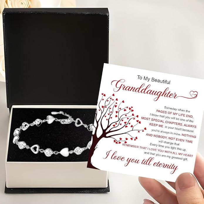 To My Granddaughter Heart Bracelet, Meaningful Jewelry Gift, Bracelet For Granddaughter from Grandma Grandpa with Message Card and Box on Christmas, Birthday, Graduation, Bracelets For Women