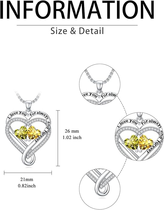 I Love You for Awlays and Forever Double Heart Necklace with Birthstone, 2 Birth Stone Jewelry Anniversary Valentines Mothers Day Christmas Birthday Gifts for Women Her Wife Girlfriend Mom Mother