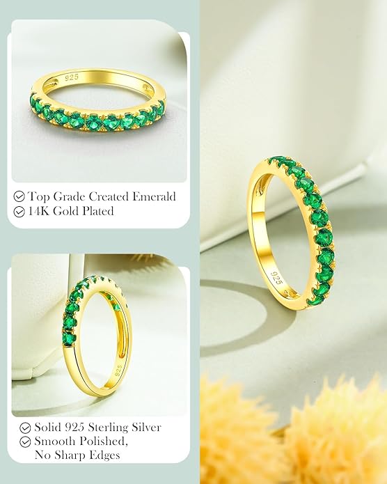 CAIDIKA Created Ruby/Sapphire/Emerald Stackable Rings for Women 14K Gold Plated/ 925 Sterling Silver 2.2mm Wedding Band Ring (with Gift Box)