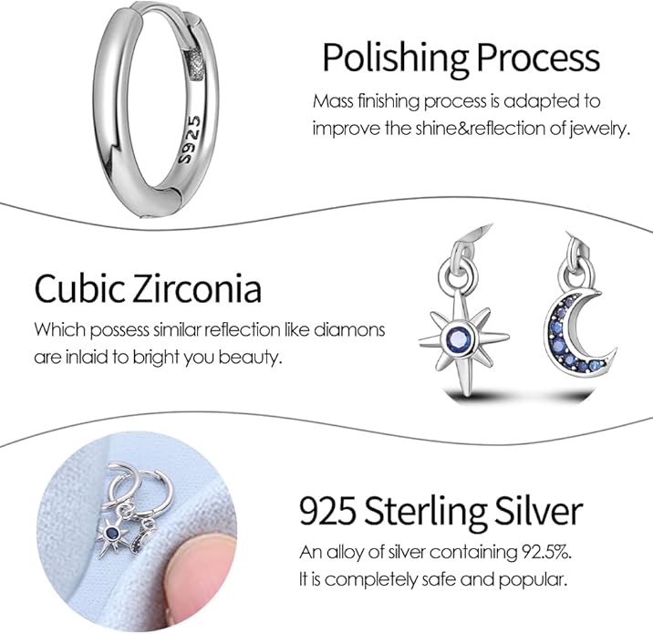 925 Sterling Silver Women Earrings, Sparkling Star and Moon Earrings, Various Hypoallergenic Earrings, Best Gift for Women