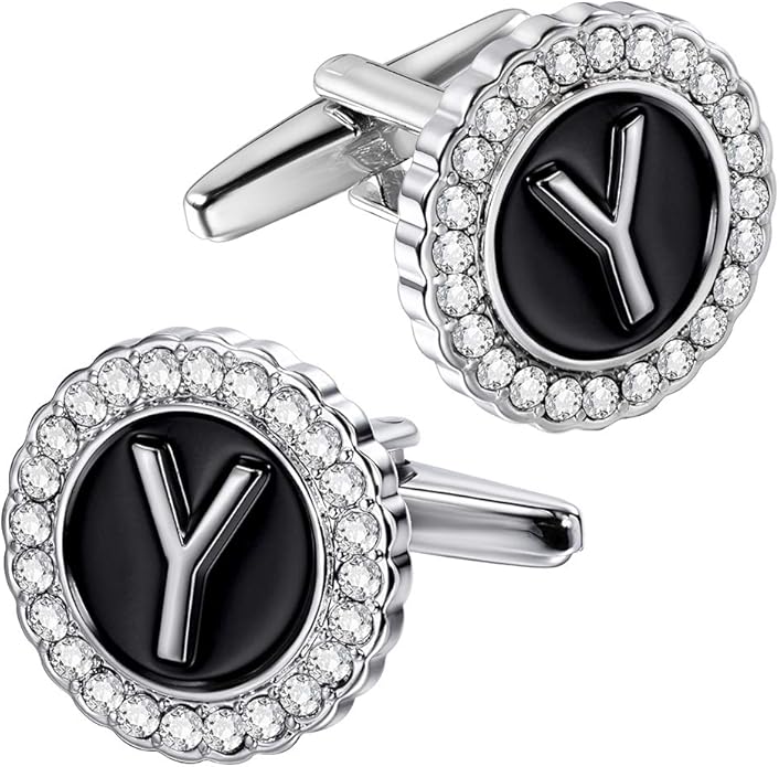 HAWSON A-Z Initial Cufflinks for Men and Women with Clear Crystal, Gold Silver Color Rasied Letter A-Z Cuff Links for French Shirt, Gift for Normal and Business Wearing