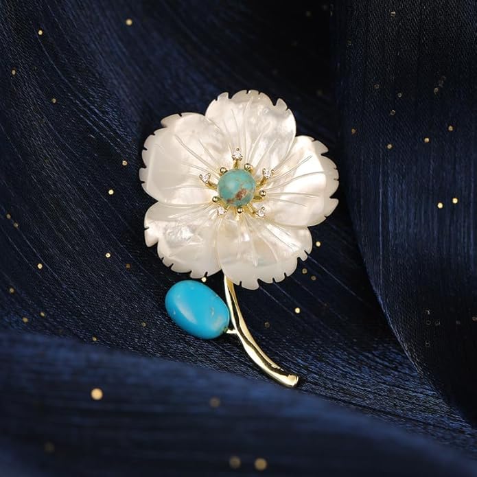 14K Gold Natural Freshwater Pearl Flower Moissanite Brooch, Minimalist Camellia Corsage with Turquoise/Agate, Unique Pin for Suit Accessory, An Elegant Gift