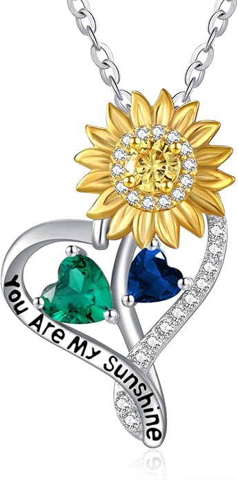 Zeuslia Double Birthstone Necklace Gifts for Wife - 925 Sterling Silver Sunflower/Rose/Crown Cross/Compass/Heart Pendant I Love You Necklace, Anniversary Birthday Gifts for Wife Girlfriend Mom Her