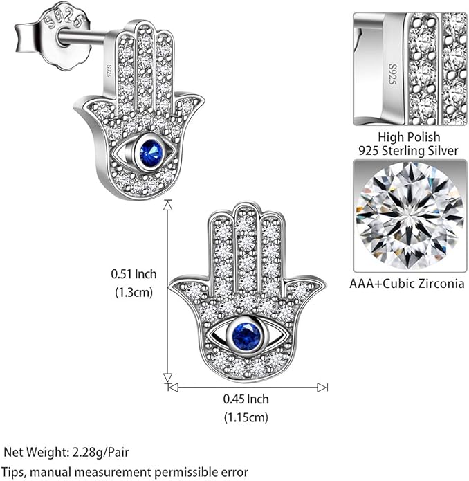 Evil Eye Necklace Evil Eye Hamsa Hand of Fatima Necklace 925 Sterling Silver Fine Jewelry Gifts for Womens White Blue CZ Third Eye Stud Earrings Turkish Eye Ring Hamsa Hand Jewelry Set Gifts Valentine Day Chrismtas Gifts