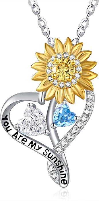 Zeuslia Double Birthstone Necklace Gifts for Wife - 925 Sterling Silver Sunflower/Rose/Crown Cross/Compass/Heart Pendant I Love You Necklace, Anniversary Birthday Gifts for Wife Girlfriend Mom Her