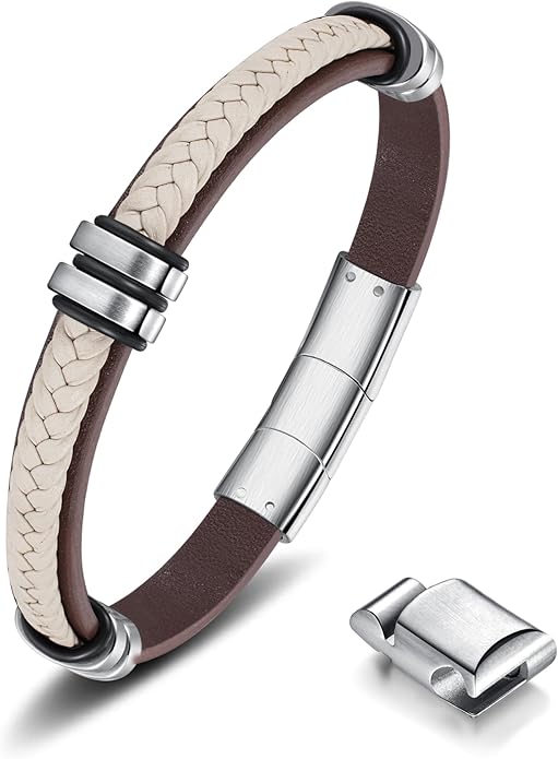 Leather Bracelet for Men with Adjustable Stainless Steel Magnetic Clasp Multi-Layer Braided Mens Leather Bracelet