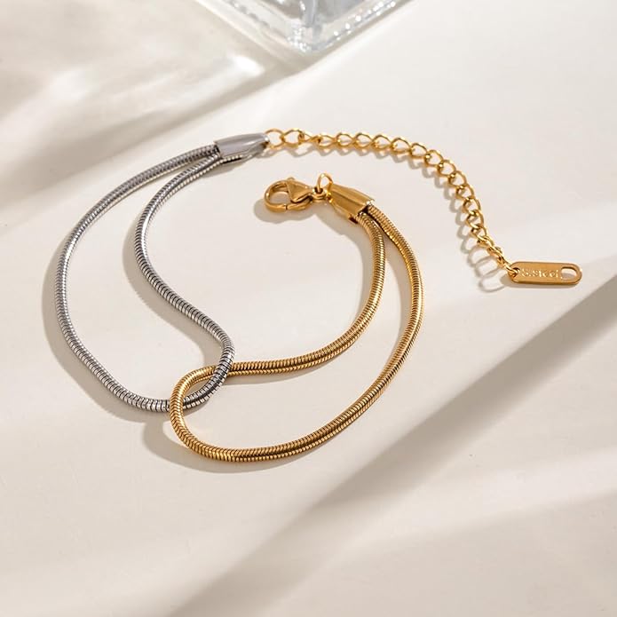 Cryinsun 18K PVD Gold Silver Waterproof Two Tone Twisted Circle Link Chain Bracelet for Women,Snake Chain Link Bracelets Dual Color Mixed Chain Bracelets Jewelry Gifts