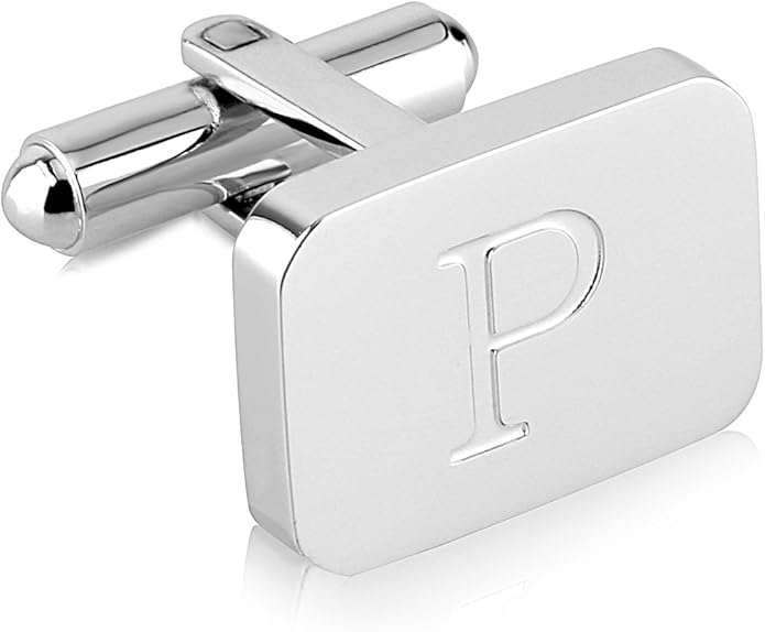 18K White-Gold Plated Initial Engraved Stainless Steel Men’s Cufflinks With Gift Box -Personalized Alphabet Letter’s A-Z By Lux & Pair
