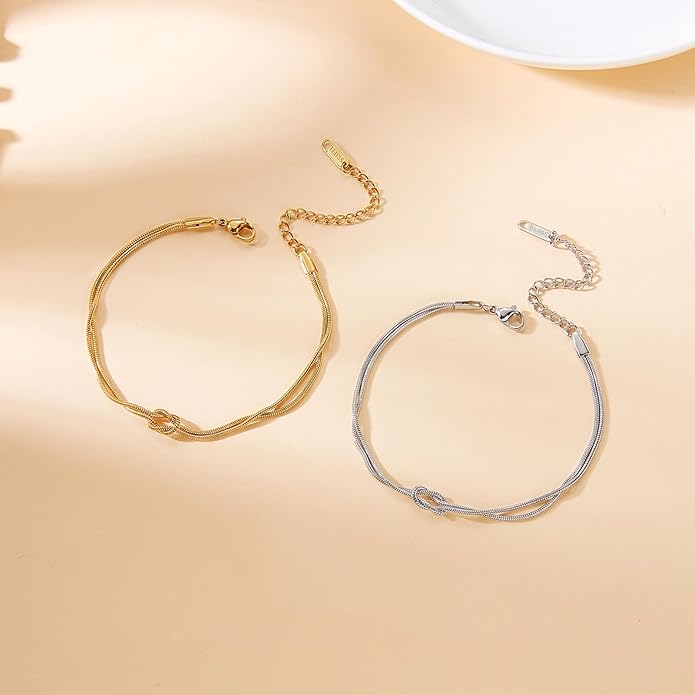 BELLA-Bee 2 Pcs Matching Bracelets for Couples Adjustable Dainty Gold Silver Love Knot Bracelets Promise Relationship Forever Bracelets Trendy Couples Jewelry for Best Wishes