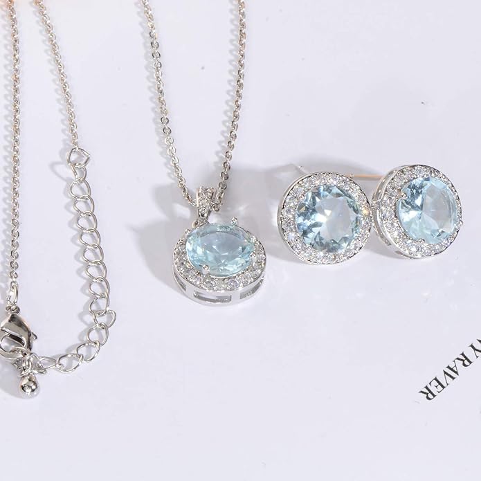 Bridal Crystal Jewelry Set - Sterling Silver Round Cubic Zirconia CZ Rhinestone Halo Birthstone Pendant Necklace Stud Earrings Set for Wedding Bride Bridesmaids Birthday Gift