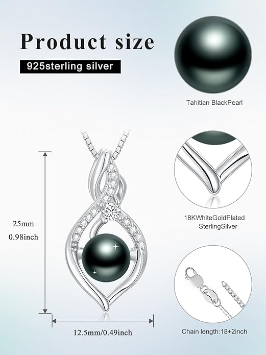 KANNSOAR Tahitian Black Pearl 18K White Gold Plated Sterling Silver Heart/Infinity/Four Leaf Clover Pendant Necklace Jewelry Gifts for Women Wife Mom Girlfriend Wedding Birthday Anniversary Christmas