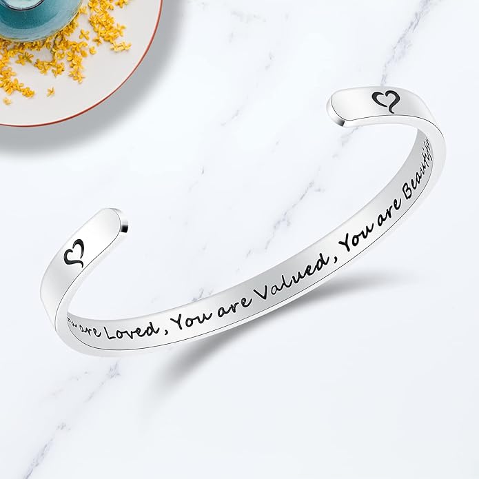 TONY & SANDY Inspirational Bracelets for Women Teen Girls Personalized Gifts for Daughter Granddaughter Mom Sister Friends Stainless Steel Engraved Cuff Birthday Easter Christmas