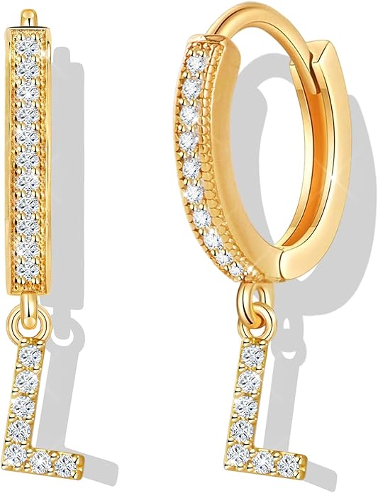 18K Gold Filled Initial Dangle Hoop Earrings for Women, 1 Pair CZ Hypoallergenic Alphabet Letter A-Z Drop Dangle Dainty Gold Earrings, Small Huggie Hoop Earrings with Cubic Zirconia Gifts Jewelry