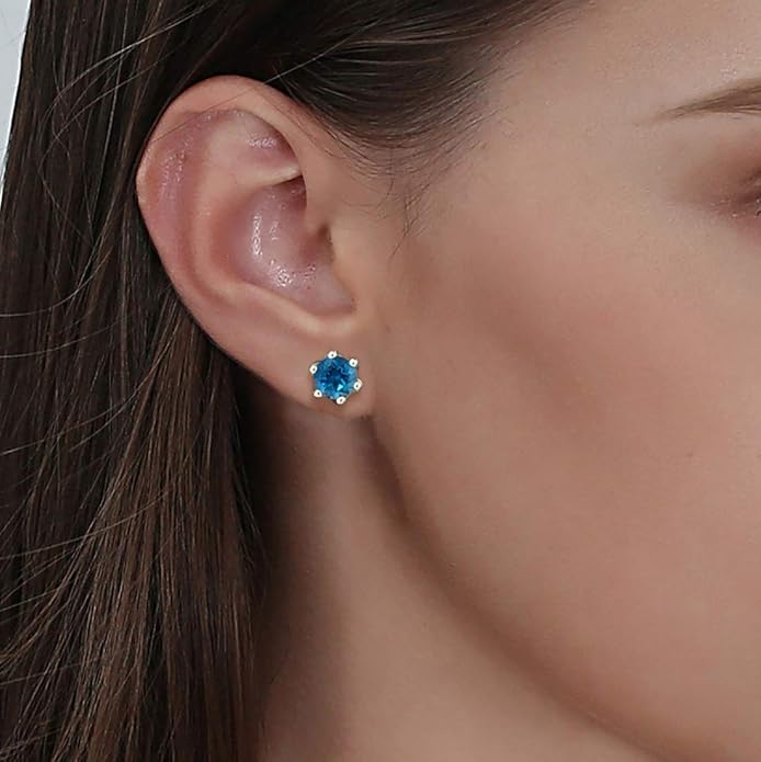 Agvana 14K Solid Gold Diamond Cut Solitaire Genuine Aquamarine Topaz Tiny Stud Earrings for Women Birthstone Jewelry Anniversary Birthday Gifts for Women Mom Wife Her, Size 5mm