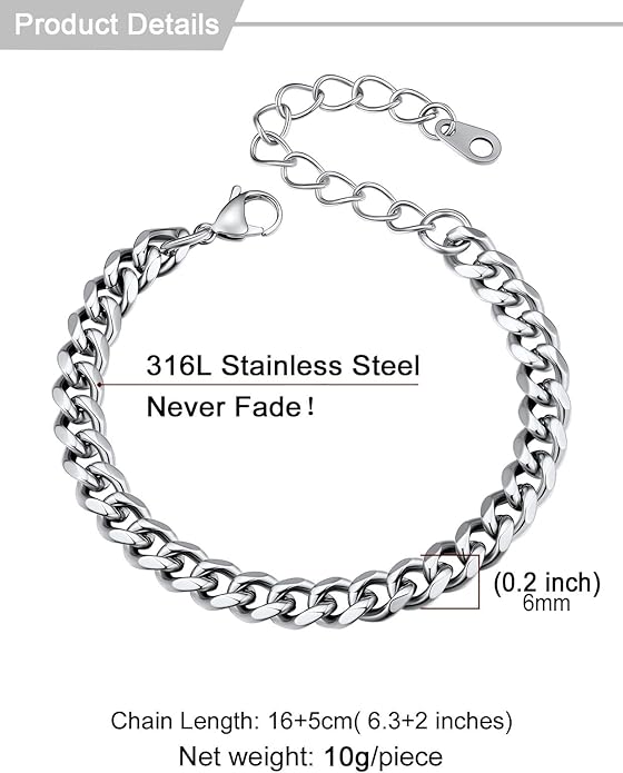 U7 Link Bracelets for Men, Cuban Link/Rope/Watch Band Solid Bracelet, Silver Black Gold Color Wrist Bracelet 3/6/9/12/15mm Width, 6.5/7.5/8.3 Inch Length, Hand Chain Jewelry for Mens Women