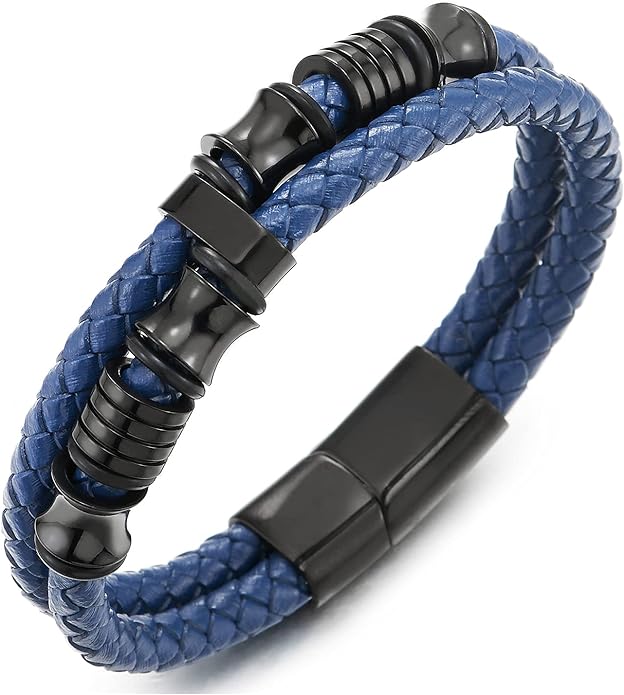 COOLSTEELANDBEYOND Mens Double-Row Braided Leather Bracelet Bangle Wristband with Stainless Steel Ornaments
