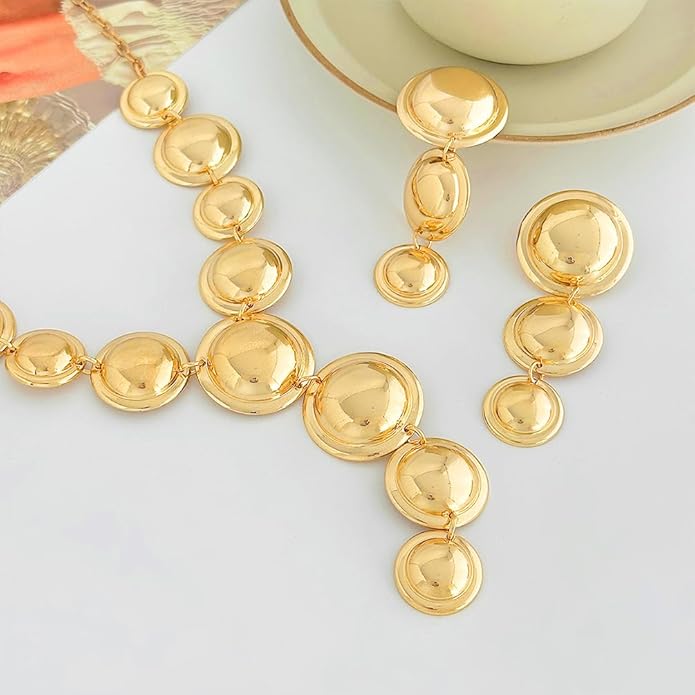 Exaggerated Chunky Gold Choker Long Y Necklace Round Drop Earring Set for Women Unique Big Geometry Silver Necklaces Large Dangly Earring Jewelry Gift