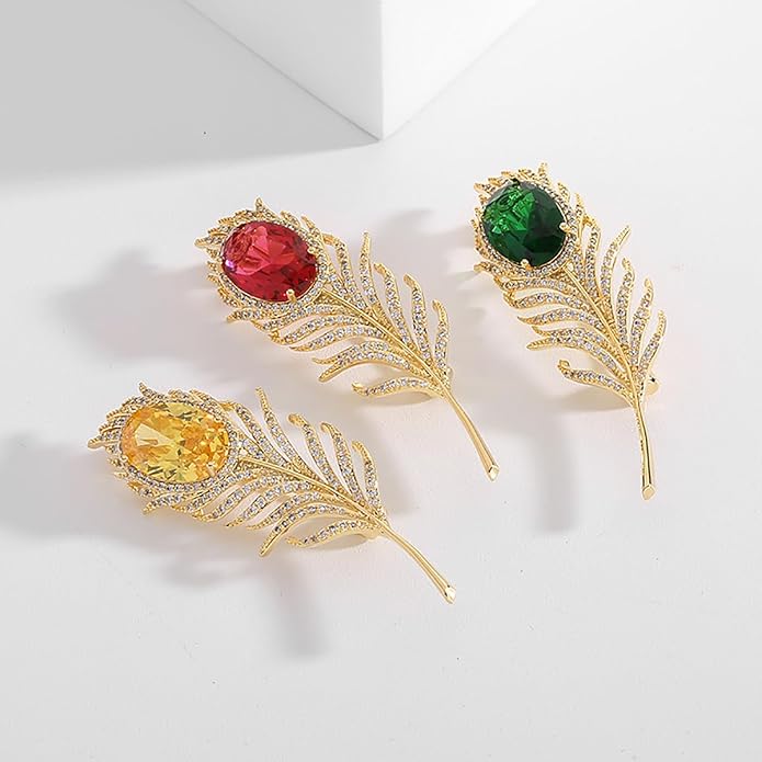 14K Gold Feather Brooch Pin with Moissanite Inlay - Elegant Coat and Suit Accessory for Women, Fashionable Business Attire Enhancement