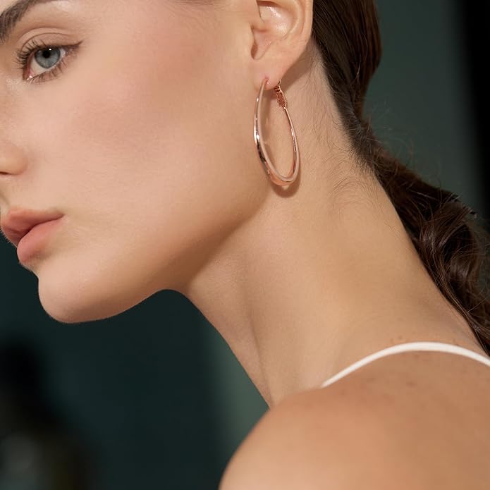Lightweight Oval Hoop Earrings for Women - 14K Gold Plated, Rose Gold Plated and Sterling Silver Plated Large Oblong Hoop Earrings for Women Statement Jewelry Gift