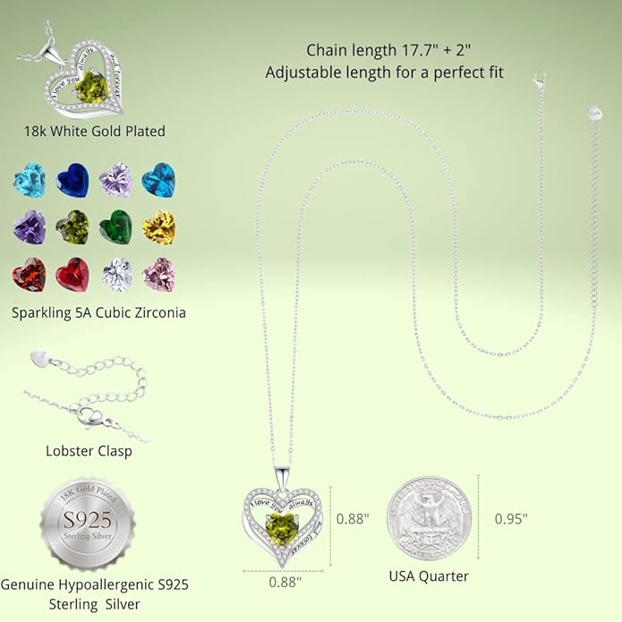 Birthstone Heart Necklace for Women Wife Girlfriend Mom Daughter Gifts S925 Silver Jewelry For Anniversary Rose Gold Gifts For Birthday Christmas Mothers Valentines Day