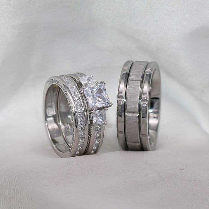 TWO RINGS Wedding Ring Sets His And Hers Promise Ring Couples Bridal Sets Women 925 Sterling Silver square Cz Man Stainless Steel Brushed Finished Wedding Bands