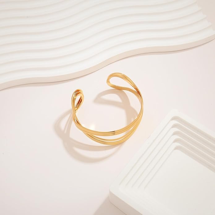 Gold Cuff Bracelet for Women Chunky Multi-layer Cross Wire Open Bracelet Hollow Wide Cuff Bracelets Adjustable Gold Open Cuff Bangle Bracelet