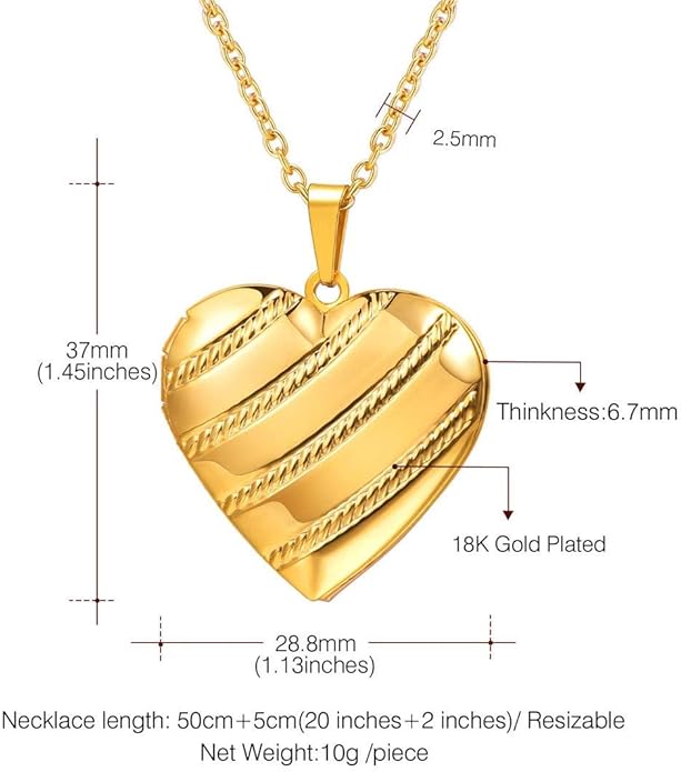 U7 Women Locket Necklace Platinum 14K Gold Photo Lockets that Hold Picture,Chain 20 Inch Personalized Gift Custom Love Heart Image Necklaces