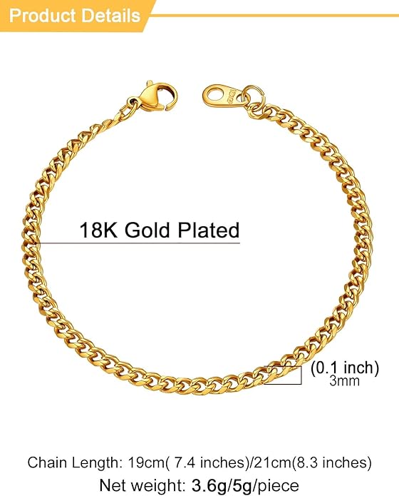 U7 Link Bracelets for Men, Cuban Link/Rope/Watch Band Solid Bracelet, Silver Black Gold Color Wrist Bracelet 3/6/9/12/15mm Width, 6.5/7.5/8.3 Inch Length, Hand Chain Jewelry for Mens Women