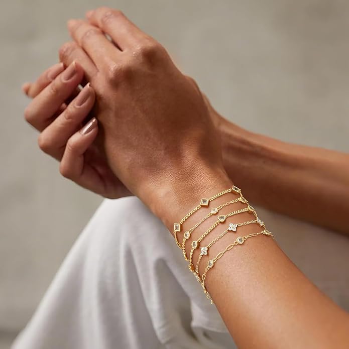Gold Bracelets for Women,14K Dainty Gold Plated Bracelets Non Tarnish Waterproof Diamond Bracelets Heart Flower Round Square CZ Charm Bracelet Trendy Stuff Jewelry Gifts for Her