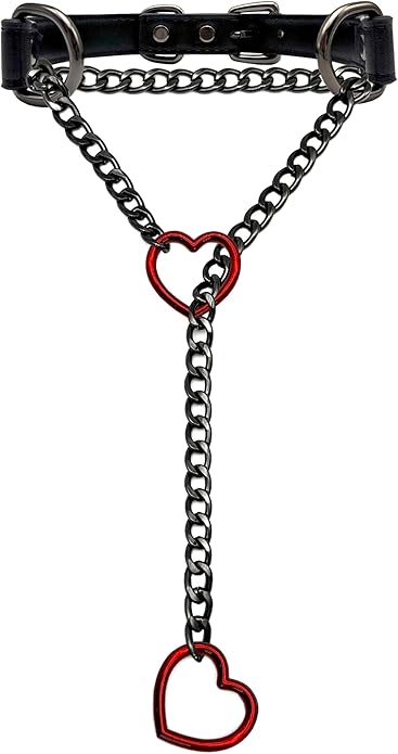 Black Leather Choker Collar For Women, Handmade Heart Slip Chain Choker Long Necklace with Adjustable Buckle