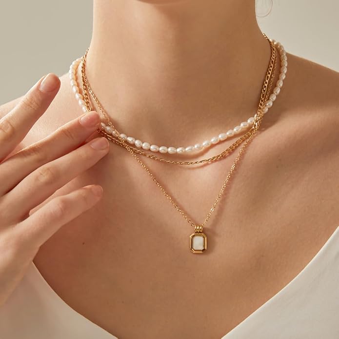 14K Gold Plated Freshwater Pearl Necklaces for Women Teens Dainty Small 4mm Adjustable Chain 16+2" Oval Rice Real Pearl Strand Necklace Pearl Accessories Jewelry Gifts