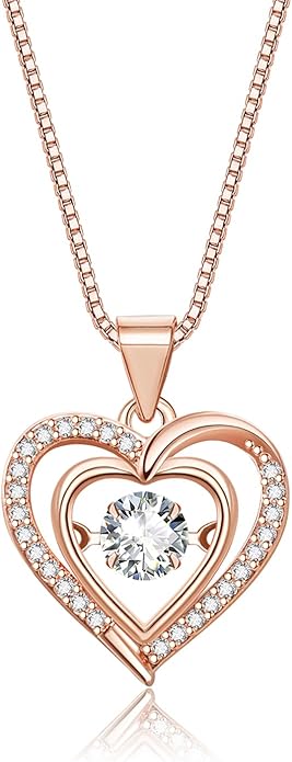 Heart Pendant Necklaces for Women 14K Rose Gold Plated with Birthstone Zirconia,Christmas Birthday Anniversary Jewelry Gift for Women Wife Her 18+2 inch