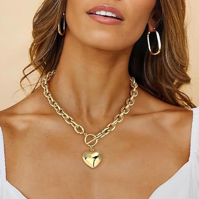 Chunky Gold Necklace for Women, 18K Waterproof Heart Necklace Statement Necklace Gold Charm Necklace Chunky Jewelry Paperclip Chain Choker Gift for Women