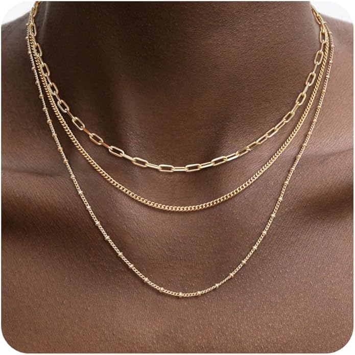 Layered Gold Necklace for Women Dainty 14K Gold/Silver Plated Stacked Necklace for Women Trendy Cuban Paperclip Herringbone Chain Diamond Pendant Necklaces Jewelry Set Accessories Gift