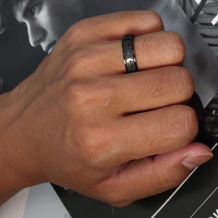 AmorArtSky Anxiety Ring for Women Men, Titanium Stainless Steel Spinner Ring, 5 Colors, 6MM, Size 6-10, 3 Styles Anxiety Ring-Moon Star, Sandblasted Finished, Hollow Outer