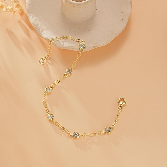Gold Bracelets for Women,14K Dainty Gold Plated Bracelets Non Tarnish Waterproof Diamond Bracelets Heart Flower Round Square CZ Charm Bracelet Trendy Stuff Jewelry Gifts for Her