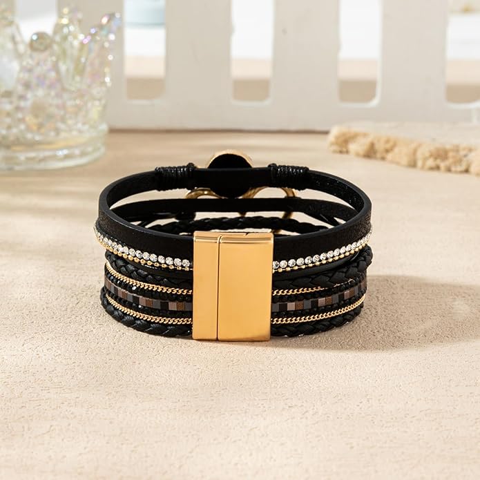 Rantanto Braid Leather Wrap Bracelet Trendy Stackable Crystal Cuff Boho Gold Heart Bracelet Jewelry Gift For Women