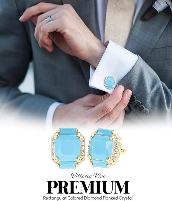 Rectangular Colored Diamond-Flanked Crystal Cuff Links – Tuxedo Suit Accessories, Cufflinks for Men